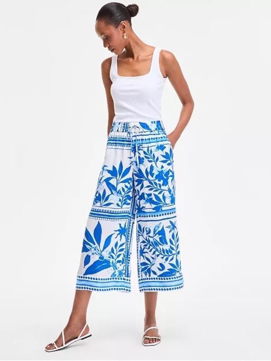 INC International Concepts Pants - INC International Concepts White & Blue Floral Wide-Leg Crop Pants